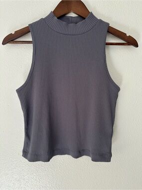 Sleeveless Ribbed Mock Neck Tank - Charcoal Grey